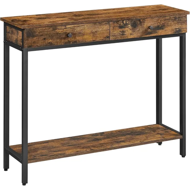 Homesy Consoletafel, entreetafel, salontafel met 2 laden, stalen frame, stabiel, voor hal, slaapkamer, woonkamer, industriële stijl, rustiek bruin en zwart Vintage bruin + inkt zwart