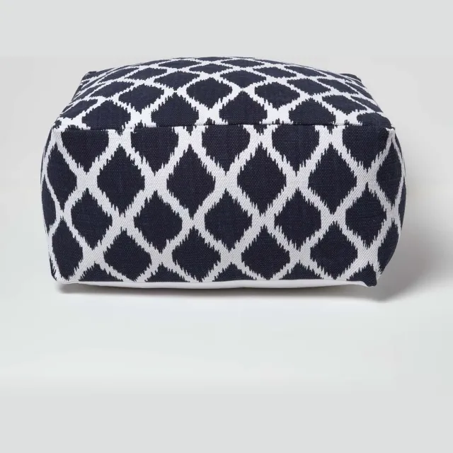 Homescapes Poef met Ikat-patroon - Vierkant, blauw en wit, 60x30 cm Blauw-Wit