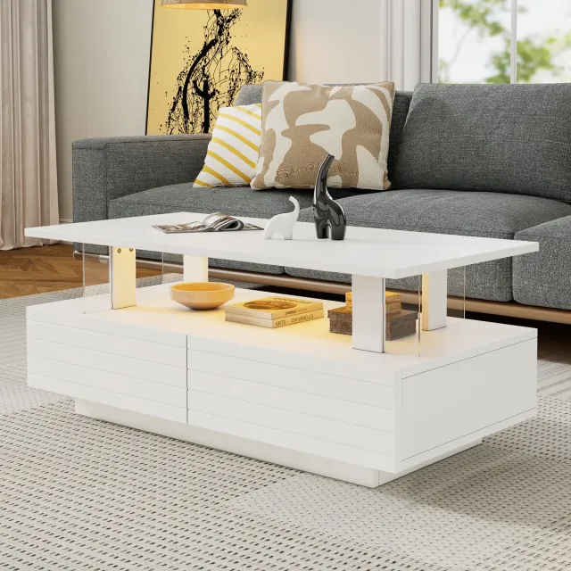 Wishdor LED-acryl salontafel wit — app & afstandsbediening, dubbel opbergruimte, 100×50×42 cm, 30 kg draagvermogen