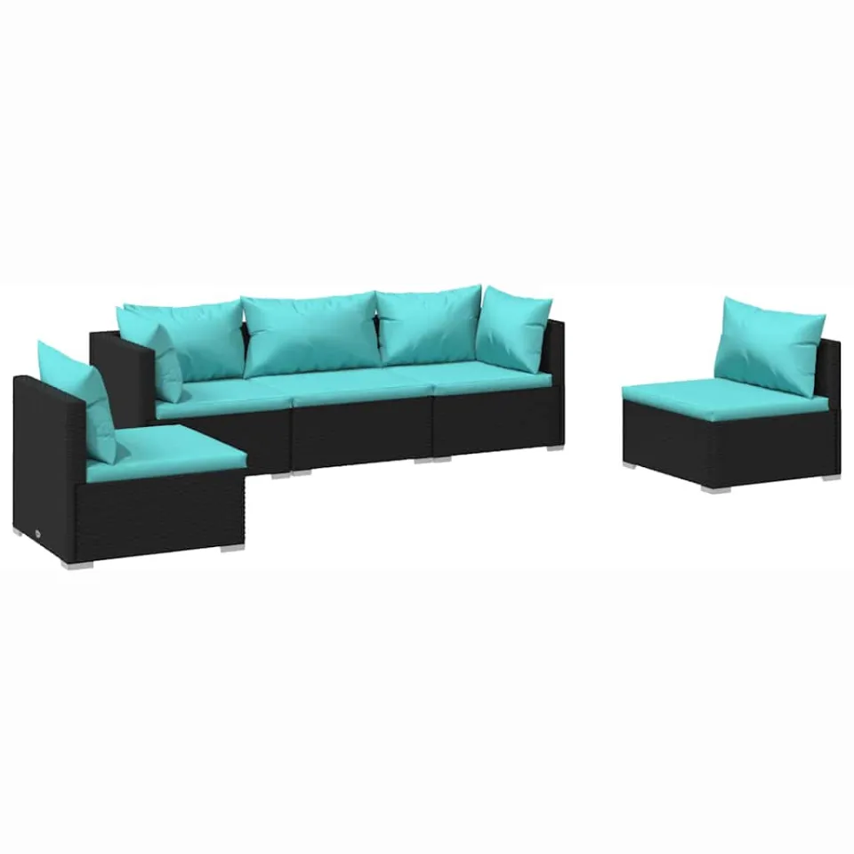 vidaXL 5-delige Loungeset met kussens poly rattan zwart