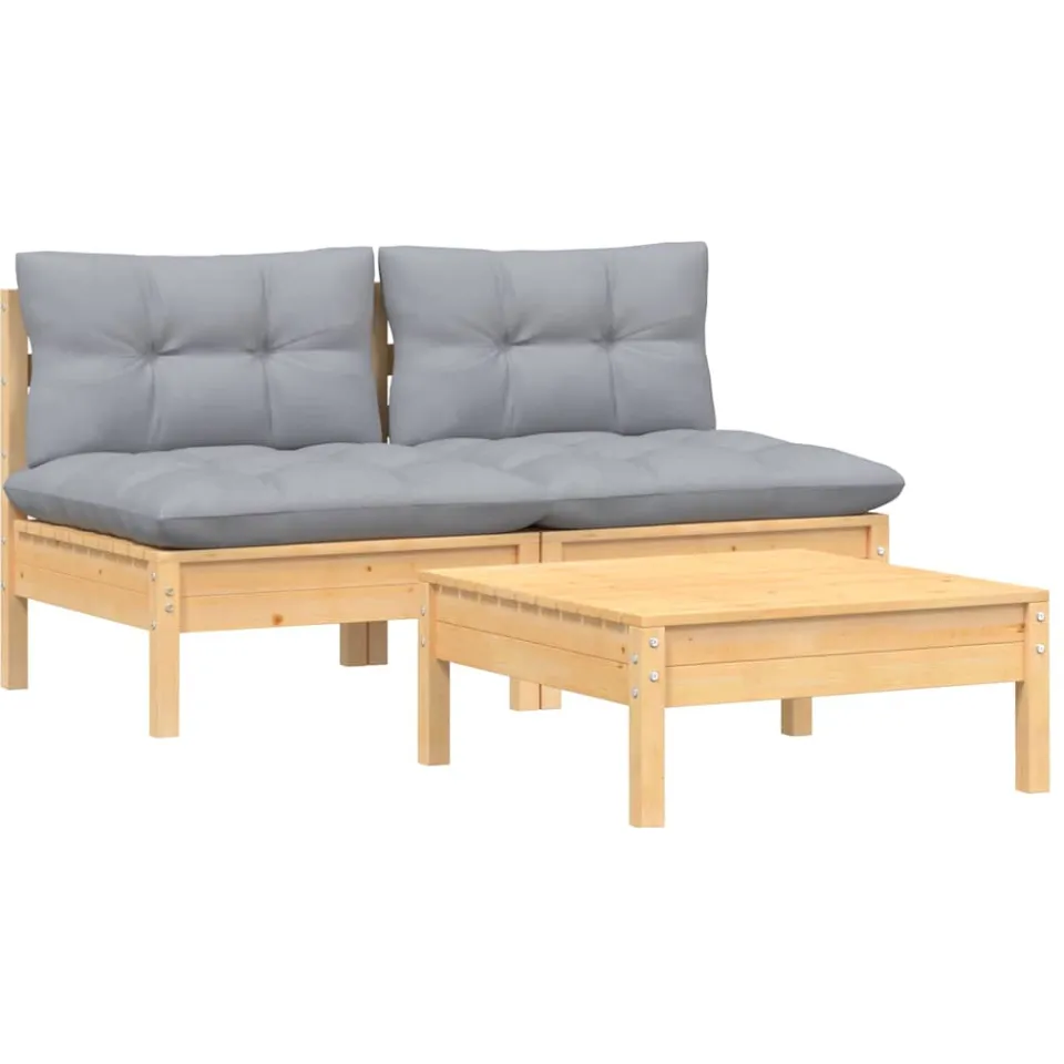 vidaXL 3-delige Loungeset met grijze kussens grenenhout Grijs