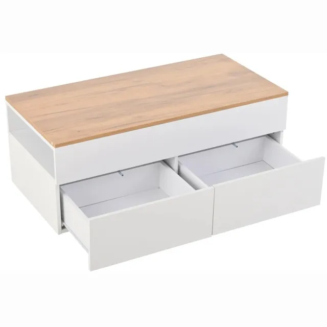 MakkelijkMooi Salontafel met Hefblad en Opbergruimte - Salontafel - in Hoogte Verstelbaar - Wit met Houtlook - 100x50x40 (BxDxH) Wit met Houtlook Bovenblad
