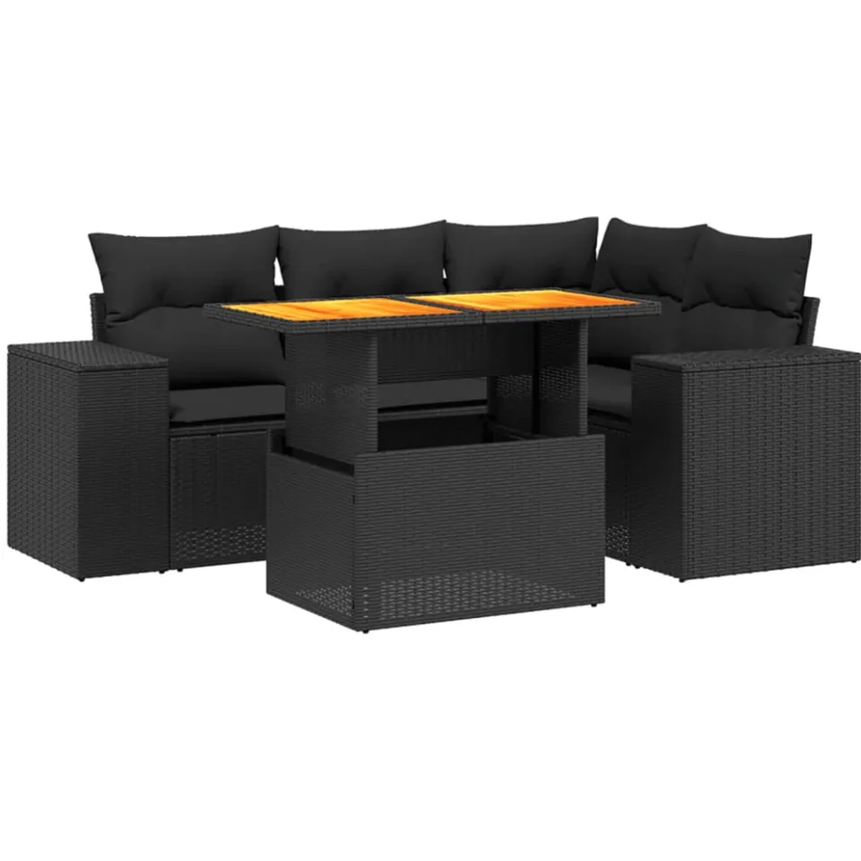 vidaXL 5-delige Loungeset met kussens poly rattan zwart, foto 3