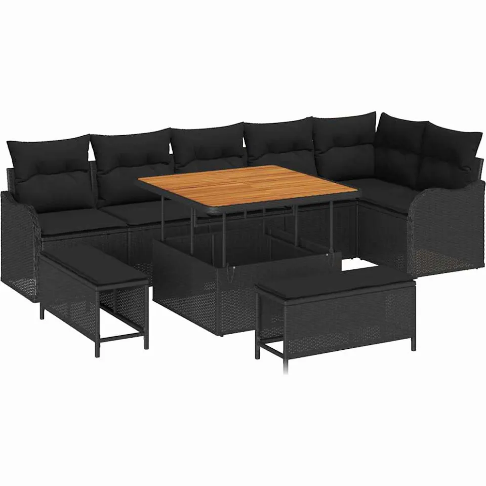 vidaXL Tuinbankenset 9 st Zwart poly rattan