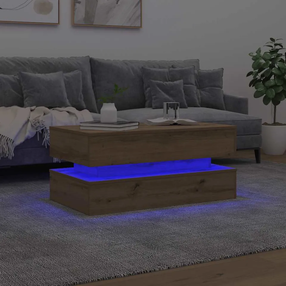 vidaXL Salontafel met LED-verlichting 90x50x40cm artisanaal eikenkleur, foto 2