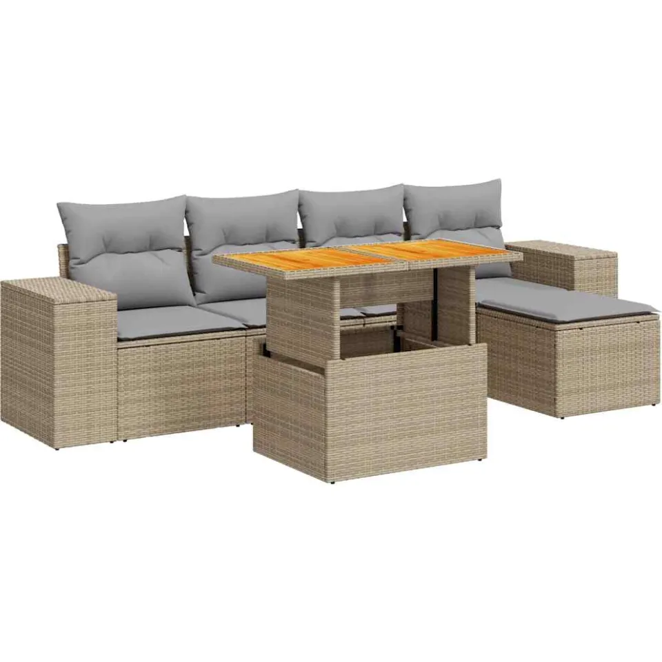 vidaXL 6-delige Loungeset met kussens poly rattan beige, foto 3