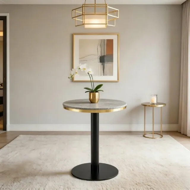 OKWISH Bijzettafel - Ronde Tafel Met Marmerlook En Gouden Rand - 60 x 60 x 73,7 cm - Voor Woonkamer Slaapkamer Balkon - MDF Grijs