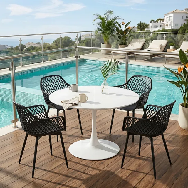 EGGREE Balkonmeubilair voor kleine balkons - tuinmeubelset - weerbestendig terrasmeubilair voor tuin - terras - balkon - wit tafel (Ø 120 cm) + 4 zwarte fauteuils