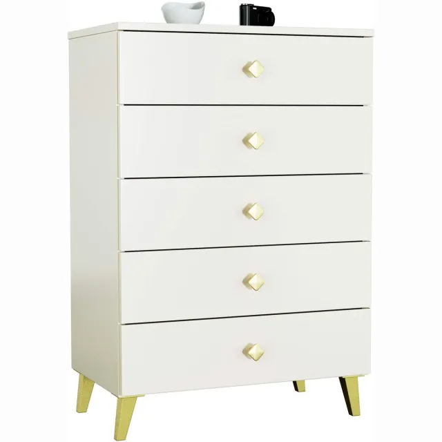 Akord Nachtkastje MOBI Kasjmier met 5 Lades / AKORD Furniture Factory / Kasjmierkleur met Gouden Handvatten / 60 x 89 x 37 cm