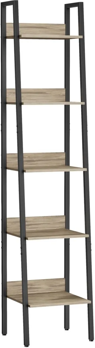 Famanu Boekenkast met ladderplank, 5 niveaus, smalle open staande plank voor boeken en decoratie Zwart