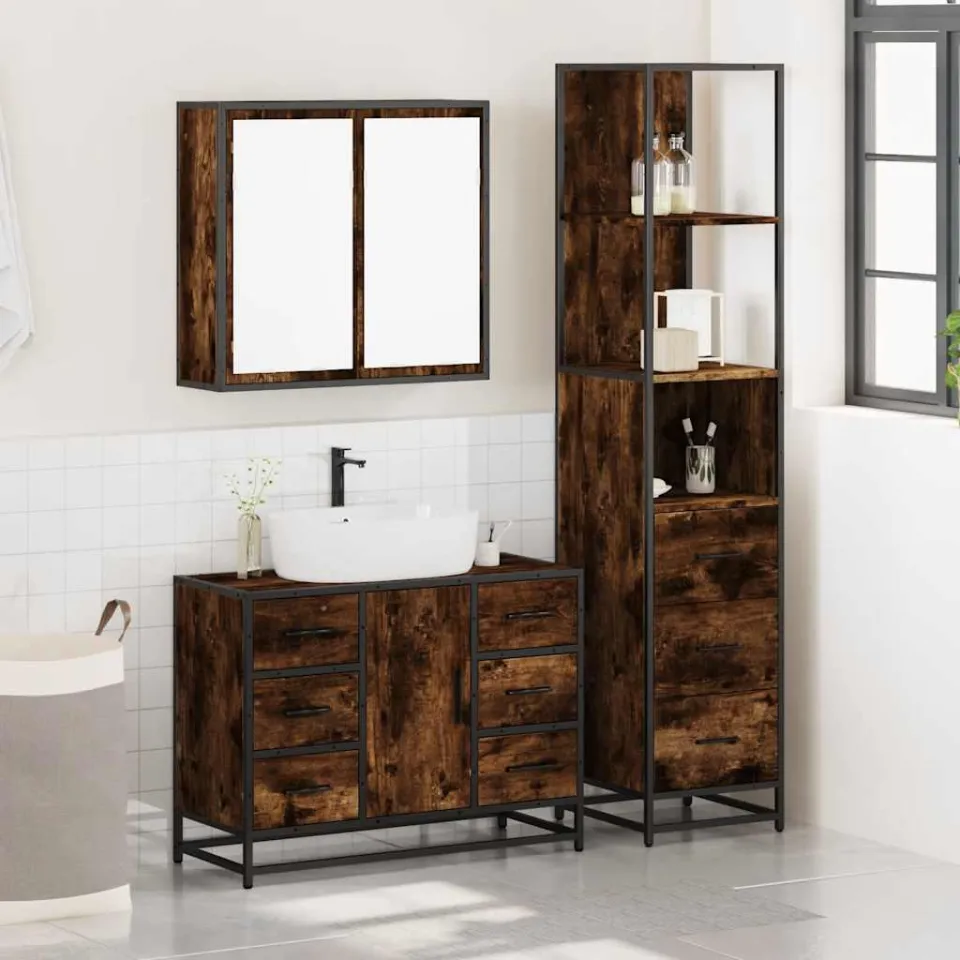 vidaXL 3-delige Badkamermeubelset bewerkt hout gerookt eikenkleurig, foto 3