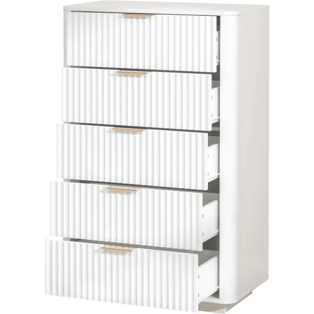 Ropilly Witte ladekast met 5 laden - 70 x 40 x 108 cm - Moderne MDF ladekast in wit - Zacht sluitende laden met metalen handgrepen - Voor slaapkamer of woonkamer