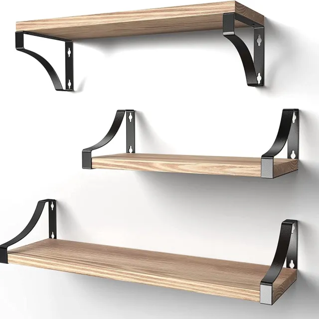 A A 3 stuks wandplanken van hout en metaal, wandplanken voor opslag, rustieke metaaldraad, maximale belasting 20 kg, voor woonkamer, slaapkamer, kantoor, badkamer of keuken bruin