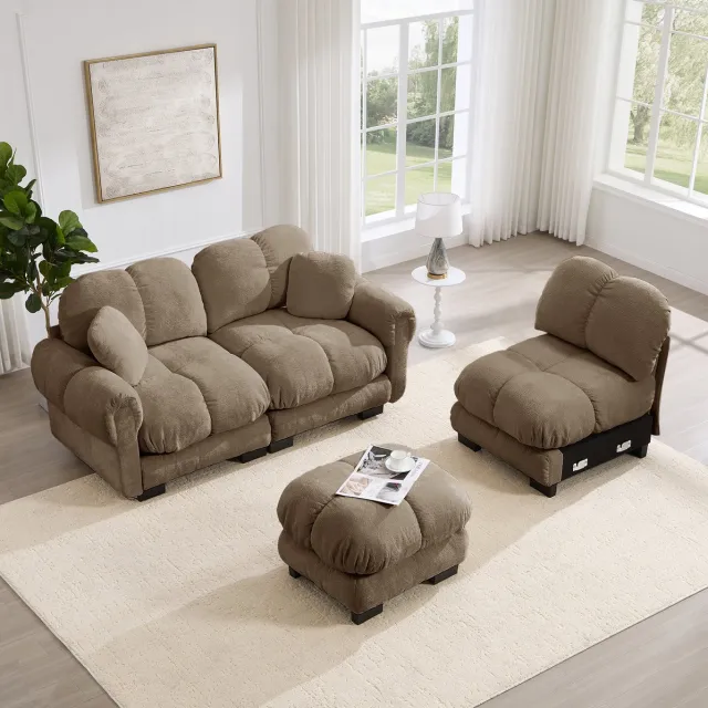 MODENUIT Hoekbank 260 x 149 x 90 cm - 3-Zits Met Verplaatsbare Ottomane En 2 Sierkussens - Chenille - Bruin