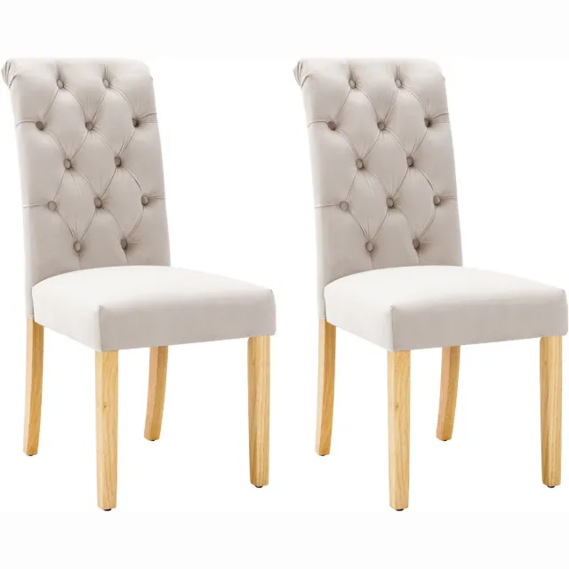 MUVANO Beige fluwelen eetkamerstoelen set van 2 - Moderne keukenstoelen met eiken poten - Gecapitonneerde stoel - 120kg - Zitcomfort - Eetkamer Beige