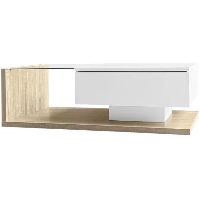 Happiq Salontafel Bijzettafel 105 x 55 x 32, 5 Cm - Effect, Lades - Moderne Tafel met Glazen Blad, LED - Wit en Houtkleurige Afwerking White and Wood