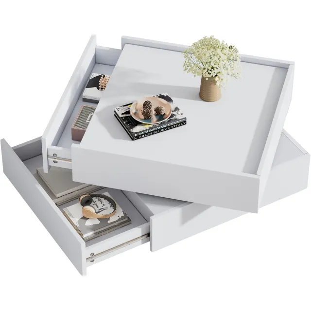 COVREO Salontafel 60 x 60 x 38 cm – wit, 360 graden draaibaar, 2 lades met opbergruimte