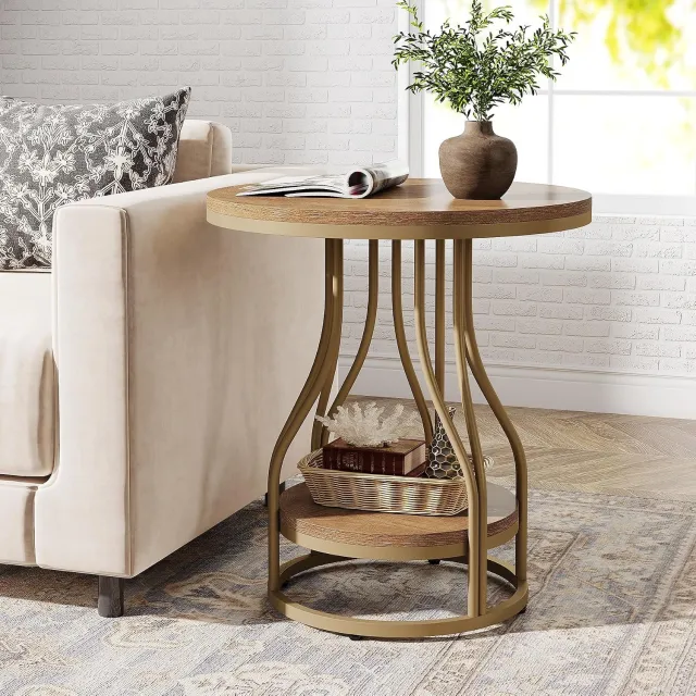 Tribesigns Ronde Bijzettafel - Sidetable met 2 niveaus voor Woonkamer- kleine bijzettafel met opbergruimte voor Woonkamer, Thuiskantoor - 50×50×60 cm - Lichtbruin