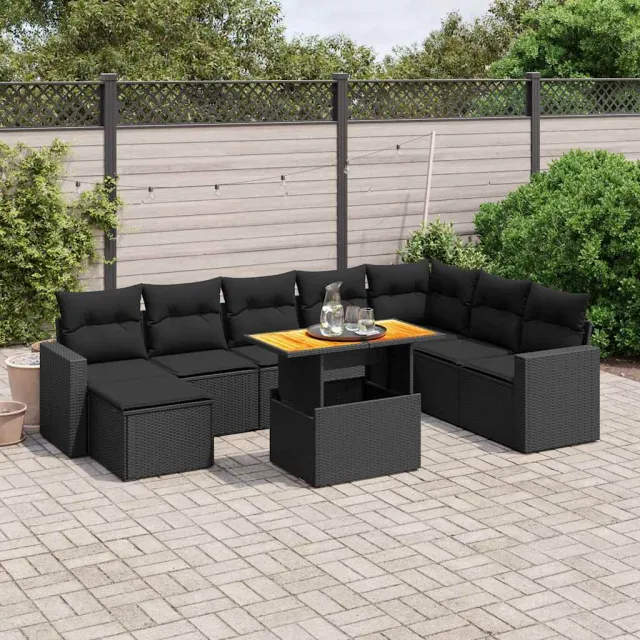 vidaXL 9-delige Loungeset met kussens poly rattan zwart, foto 2