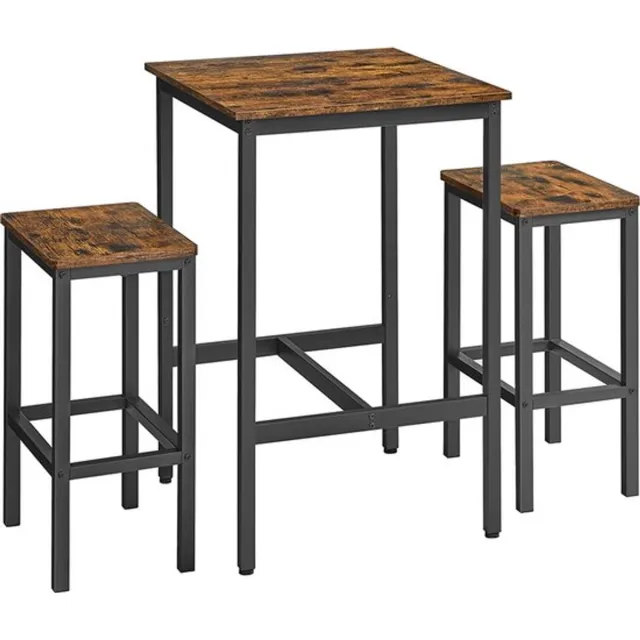 Vasagle Bartafel met barkrukken set, eettafel met 2 stoelen, kleine keukentafel 60 x 60 x 90 cm, barkrukken 30 x 40 x 65 cm, voor eetkamer, keuken, industrieel design, vintage bruin-zwart