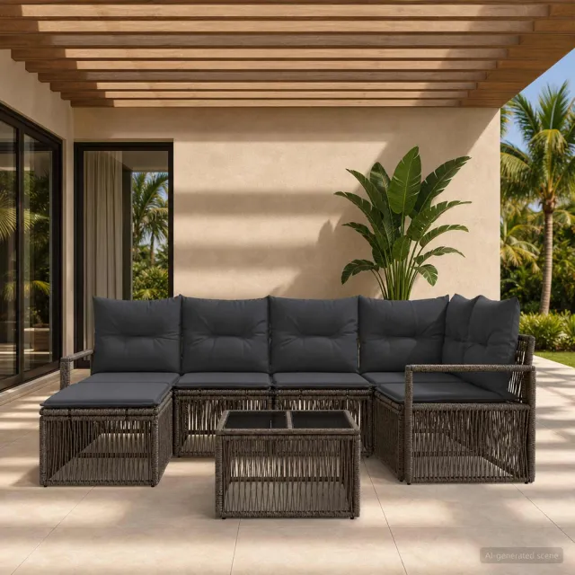 vidaXL Tuinbankenset 7 st Grijs poly rattan, foto 2