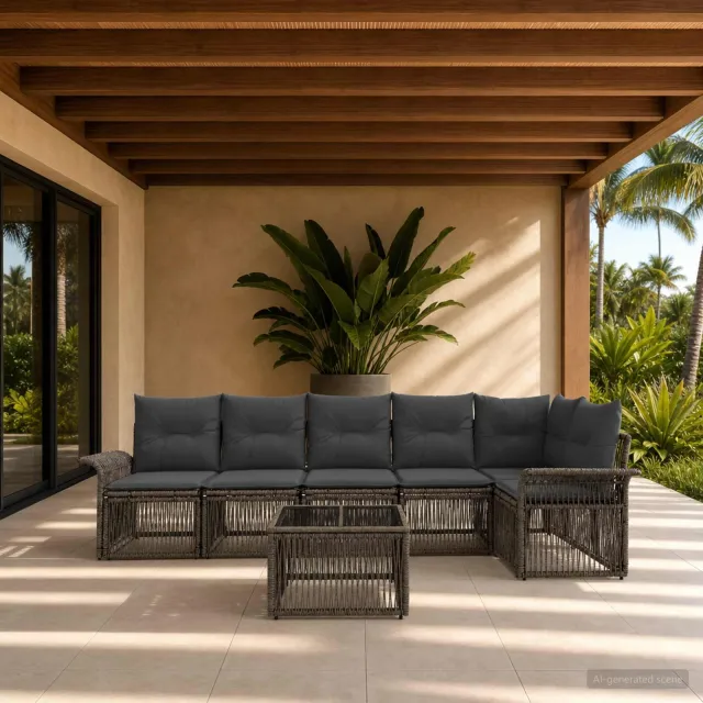 vidaXL Tuinbankenset 7 st 6-zits Grijs poly rattan