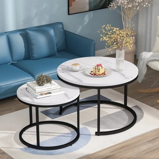 OKWISH Salontafelset – 2-Delig – Nestbare Ronde Tafels – Modern Design Met Marmerpatroon – MDF Met Metalen Frame – Groot 50×70.5 cm / Klein 45.5×44 cm Wit