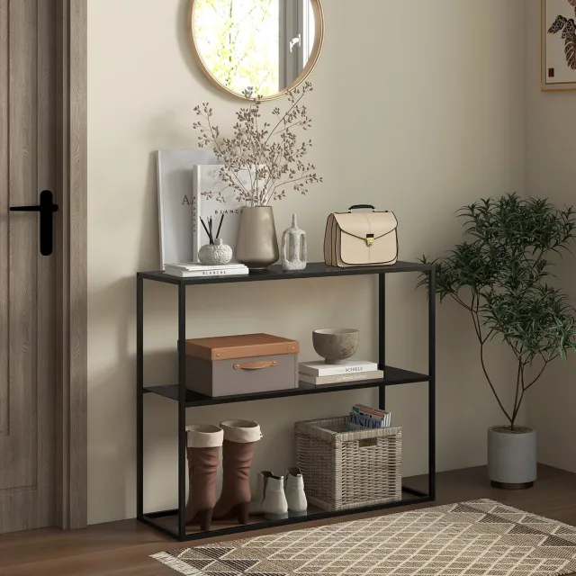 MODFU Bijzettafel - 2 Open Vakken - Zwart - Staal - 90 X 30 X 75 Cm