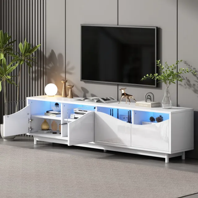 MIVRAY Televisiemeubel - Hoogglans Met Ledverlichting En Drukopenende Deuren - Voor Woonkamer - MDF En Glas - 175x38x51 Cm Wit