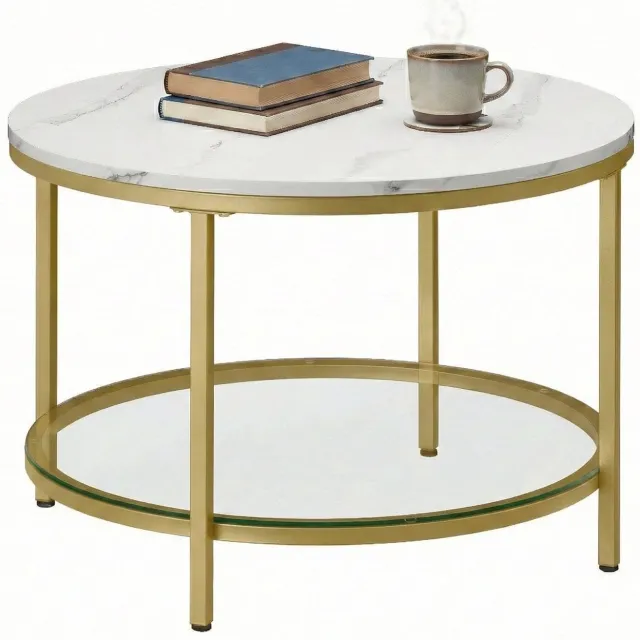 Klarven Salontafel Marmerlook Wit-Goud - Salontafel Glas - Ronde Salontafel - Modern Design - Gehard Glazen Poot - Eenvoudig te Monteren Wit marmerlook met goud