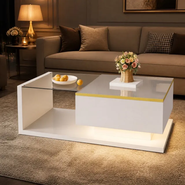 MEUNIQ Salontafel 90 x 50 x 32,5 cm met gehard glazen blad, open opbergvakken en dimbare LED-verlichting met 16 kleuren voor woonkamer, wit hoogglans