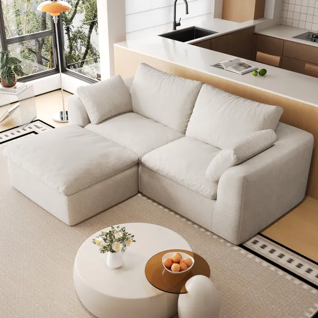 MIVRAY Hoekbank 180 x 155 x 83 cm - L-Vormige 3-Zitsbank met Zachte Schuimvulling - Voor de Woonkamer - Linnen - Beige Wit