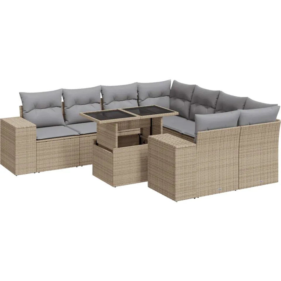 vidaXL 9-delige Loungeset met kussens poly rattan beige, foto 3