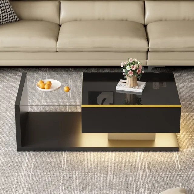 Merax Salontafel - Koffietafel 100x50x32,5 cm - glanzende bijzettafel met glas en LED-verlichting - zwart
