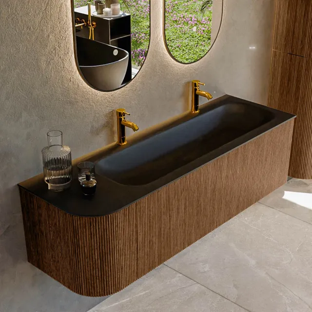 Mondiaz KURVE 145 cm Onderkast Greeploos 1 Lade Met Deuren Walnut, Wastafel Solid Surface Rechts Urban 0 Kraangaten Zonder Spiegel (KRVBGL145L1L1D0KR-Wal/Urb)