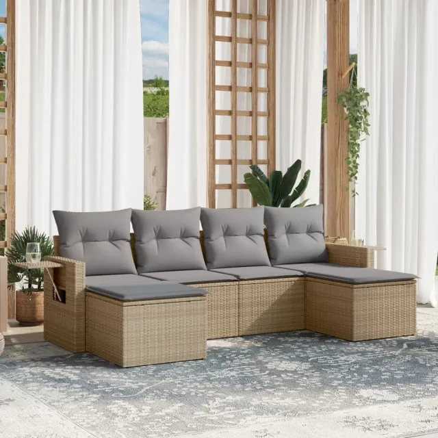 vidaXL 6-delige Loungeset met kussens poly rattan beige, foto 2
