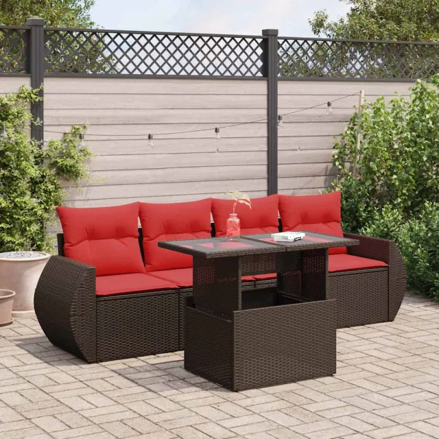 vidaXL 5-delige Loungeset met kussens poly rattan acacia bruin, foto 2