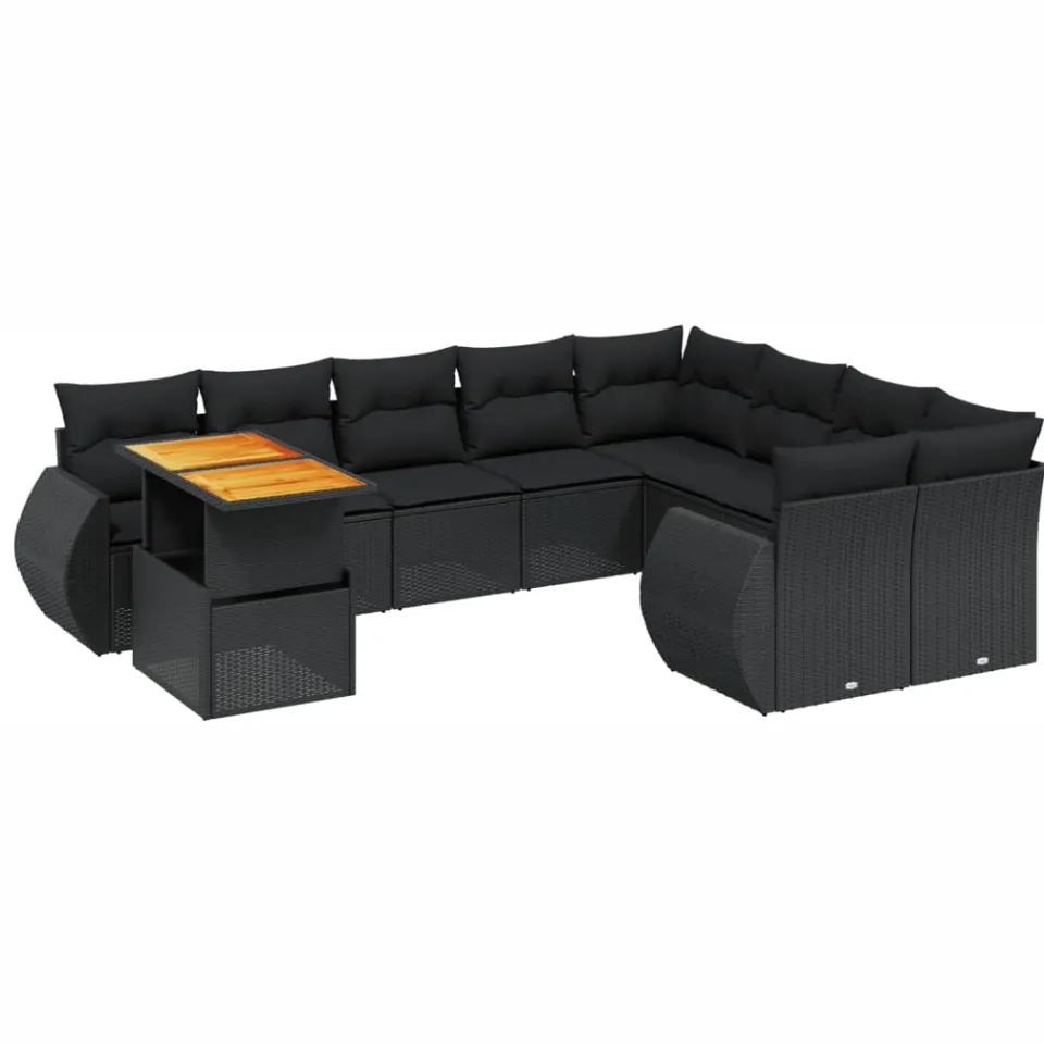 vidaXL 10-delige Loungeset met kussens poly rattan zwart, foto 3