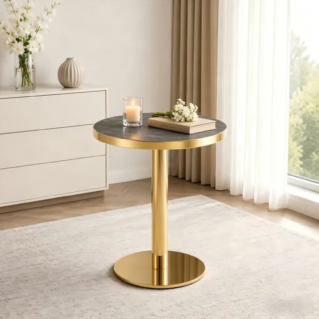 Wishdor Ronde bijzettafel - Modern - ronde vorm - marmerlook blad - goudkleurig rvs frame - mdf - grijs - 60 cm - 74 cm hoog Grijs+Goud