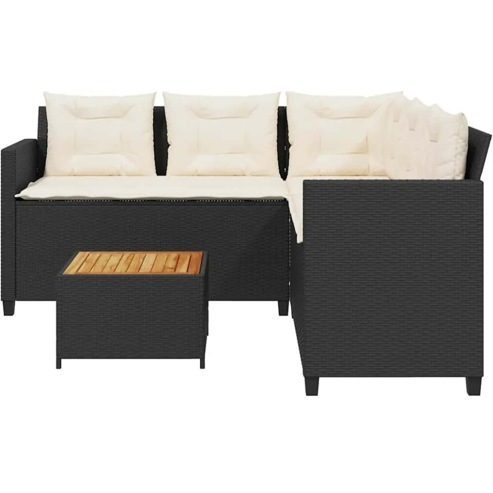 vidaXL Tuinbank met tafel en kussens L-vormig poly rattan zwart, foto 3