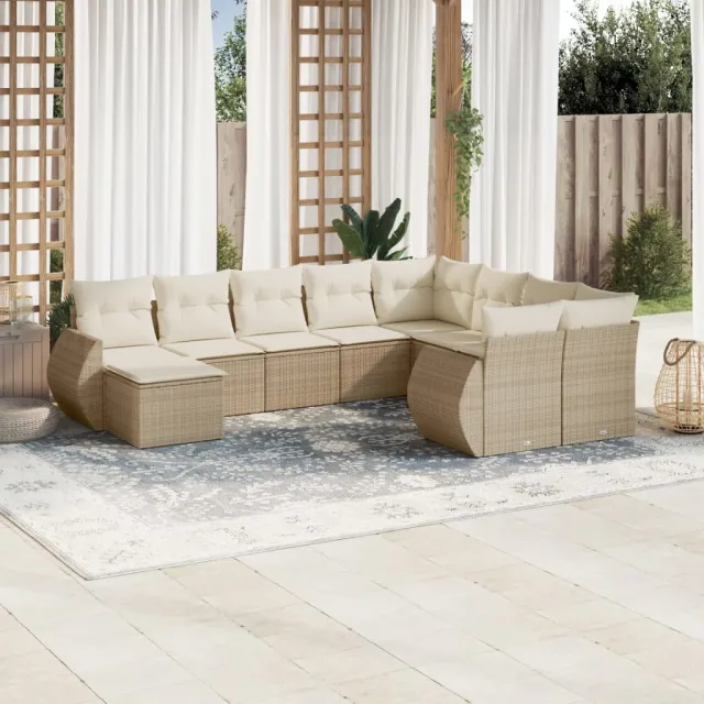 vidaXL 10-delige Loungeset met kussens poly rattan beige, foto 2