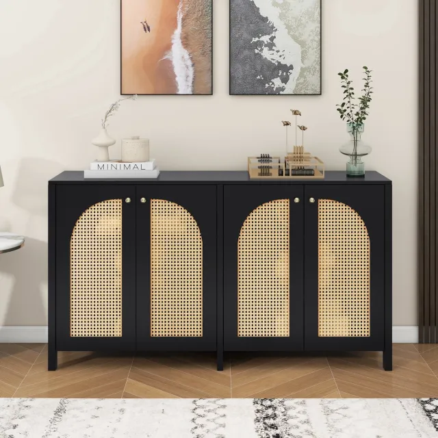 REDOM Sideboard - 4 Deuren Met Kunstrotan - Minimalistisch - Voor Woonkamer Of Eetkamer - MDF - Zwart
