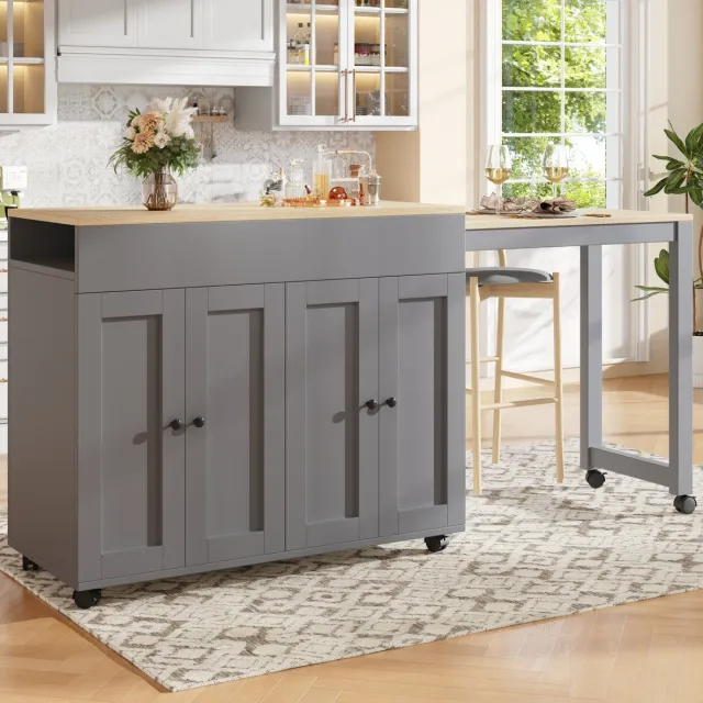 MEUNIQ Uitschuifbare bartafel 117-180 x 50 x 94,6 cm met 6 opbergvakken en verstelbare legplanken, statafel voor eetkamer of woonkamer, grijs