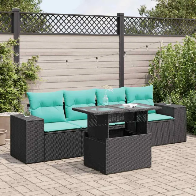 vidaXL 5-delige Loungeset met kussens poly rattan acacia zwart, foto 2
