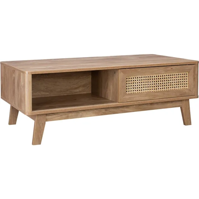 sweeek Salontafel met 2 vakken, 1 schuifdeur, hout- en rieteffect, eucalyptus poten Naturel