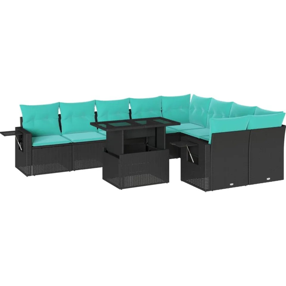 vidaXL 10-delige tuinbankset met kussens van zwart polyrotan, foto 3