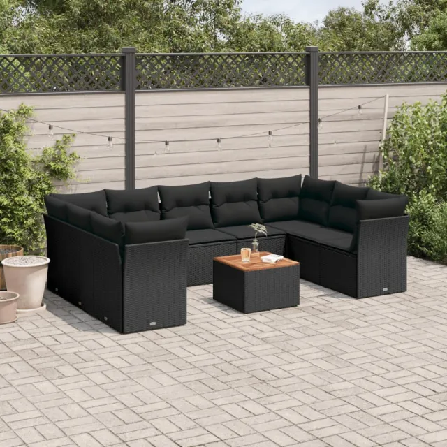 vidaXL 10-delige Loungeset met kussens poly rattan zwart, foto 2
