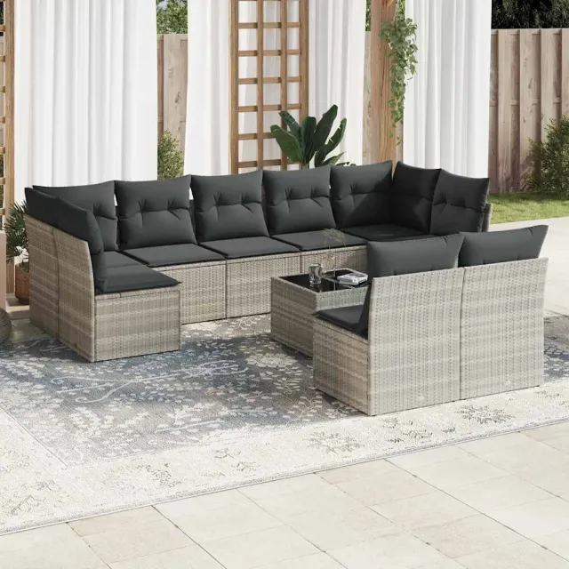 vidaXL 10-delige Loungeset met kussens poly rattan lichtgrijs grijs, foto 2