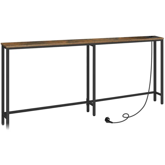 Trankielo Slanke Consoletafel met Ingebouwde Stekkerdoos – Rustiek Bruin en Zwart – Ideaal voor Hal en Entree Zwart bruin
