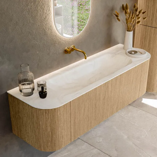 Mondiaz KURVE-DLUX 150 cm Onderkast Greeploos 1 Lade Met Deuren Oak, Wastafel Solid Surface Midden Ostra 0 Kraangaten Zonder Spiegel (KRVBGM150L+R1L2D0KM-Oak/Ost)